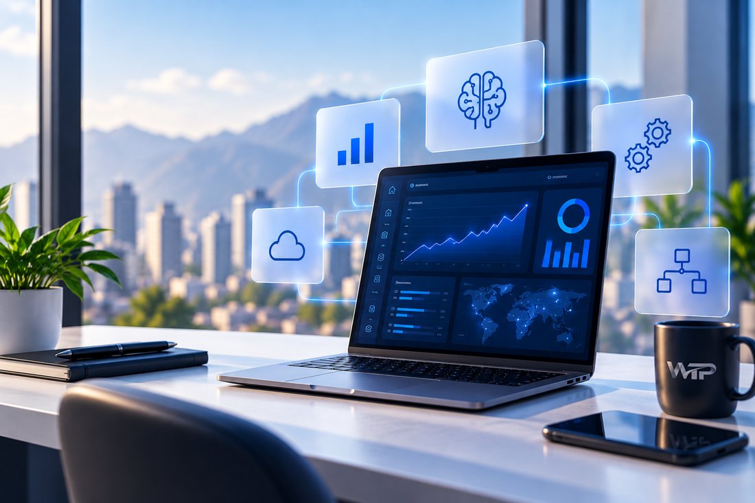Dashboard de analítica de datos en una laptop, con íconos de inteligencia artificial, nube y automatización